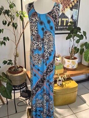 Vintage Bongo Sleeveless Maxi Dress XL Blue Leopard Chain Scarf Print Y2K